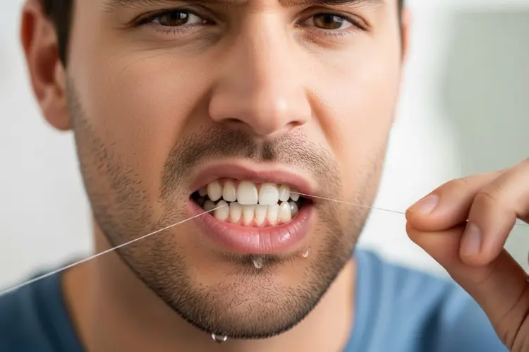 Man flossing teeth properly, dental floss between teeth, focus on gum care.
