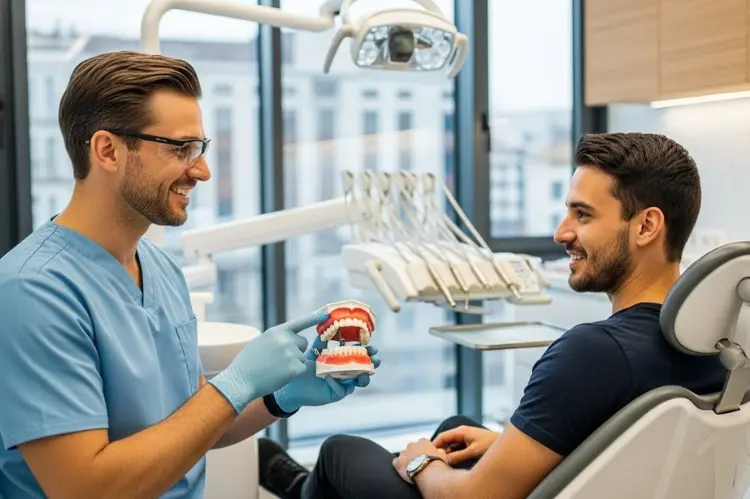 A friendly dentist explaining oral care instructions to a patient in a modern dental clinic.
