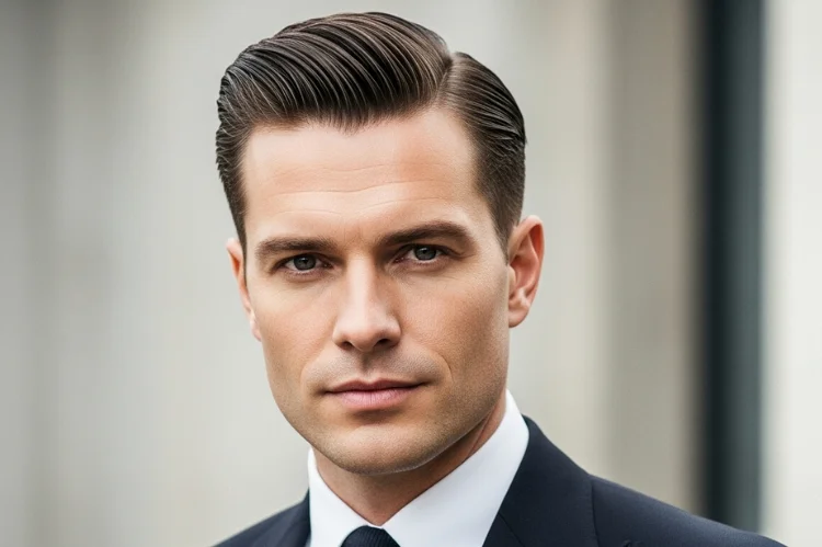 Man with slicked-back short hairstyle using gel, formal polished appearance, sharp suit look.