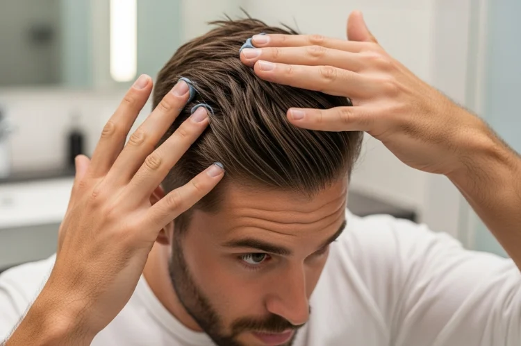 Man applying matte clay to short textured hair, natural finish, finger styling, modern men’s grooming look.