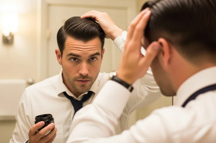 Man styling short hair with pomade, clean classic finish, professional appearance.