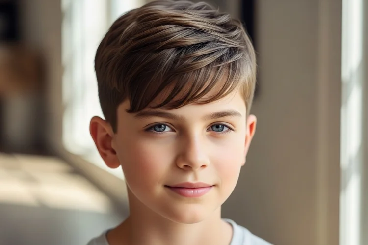 Boy with short textured French crop and neat fringe. European-inspired modern kids hairstyle.