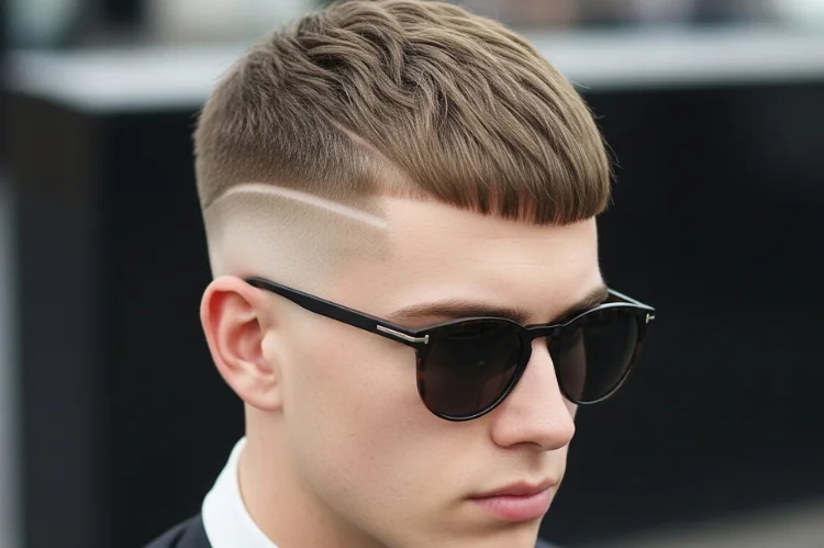 Short French crop with shaved hard part detail. Clean lines, edgy but controlled haircut style.