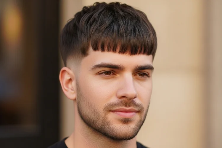 Fringe (French crop) haircut on a man with an oval face. Forward-styled textured fringe.