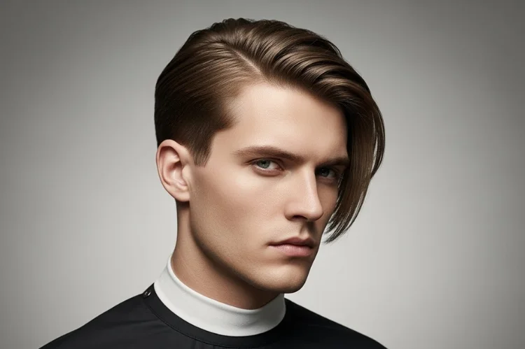 Futuristic men’s haircut concept, innovative straight hair styling.
