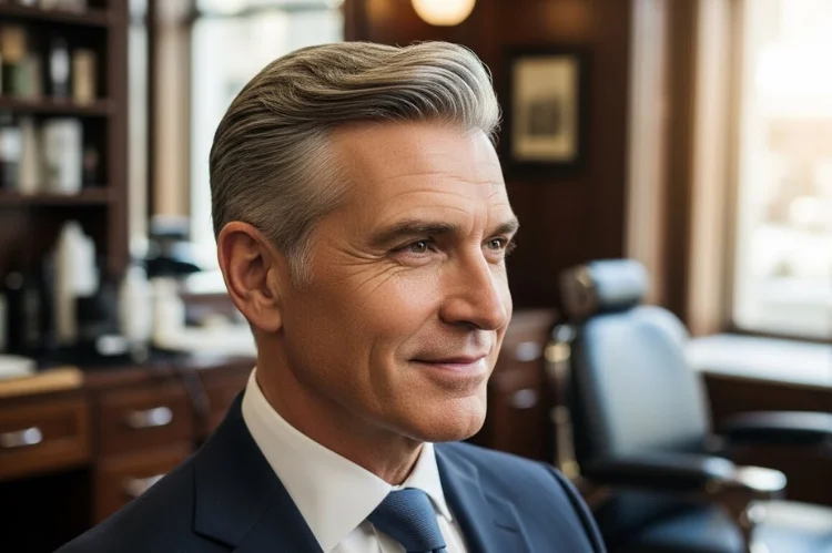 Refined gentleman’s haircut, mature elegance, timeless grooming.