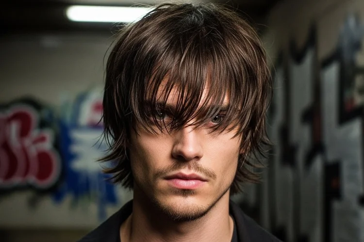 Grunge-inspired medium haircut, rebellious straight hair look.