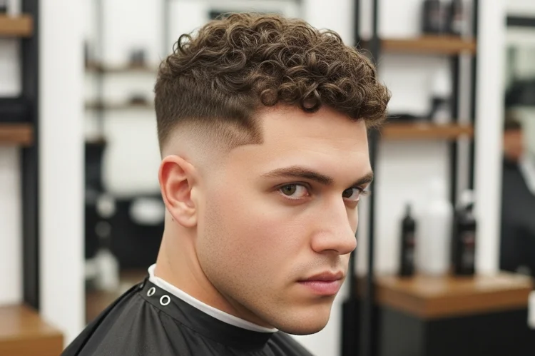 Short curly men’s haircut with faded sides, defined natural curls on top, healthy texture, modern barber editorial.