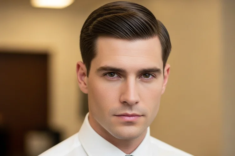 Men with straight hair wearing a classic short haircut, clean structure, polished finish, professional appearance.