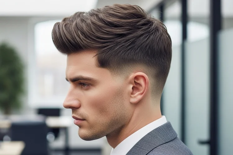 Man with thick hair wearing a layered textured short haircut, controlled volume, natural movement.