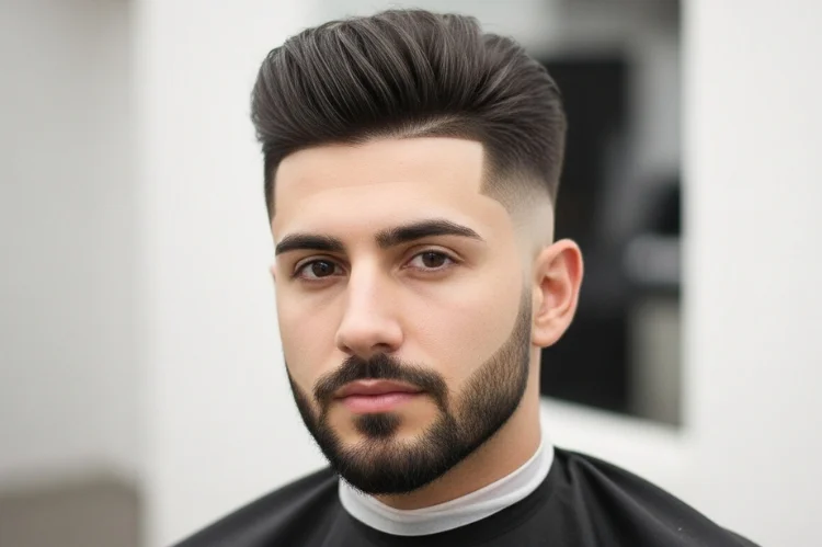 High fade haircut on a man with an oval face. Fade starting near temples, strong contrast with longer top.