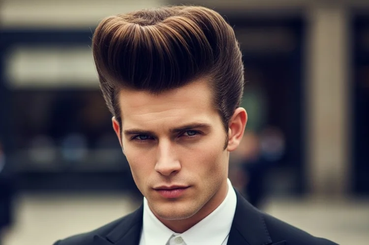 Statement pompadour with extreme volume, bold confident presence.