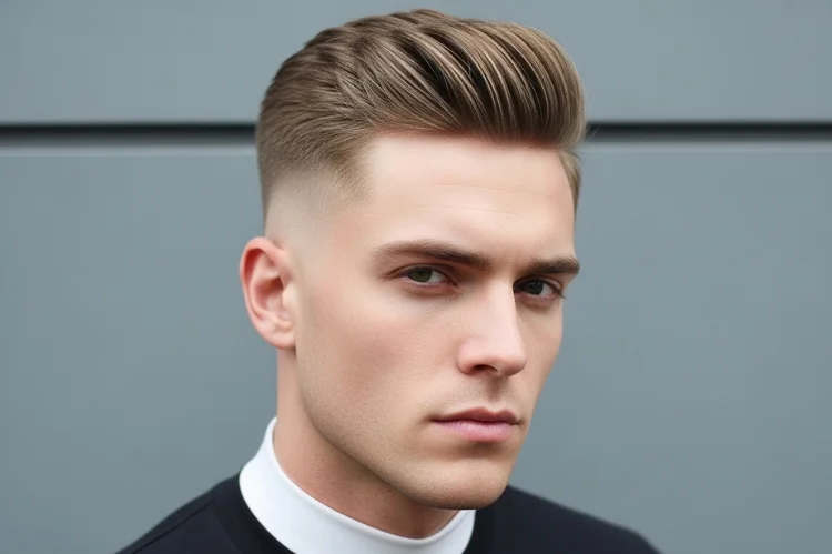High and tight men’s haircut, very short sides with slightly longer top, military-inspired clean look
