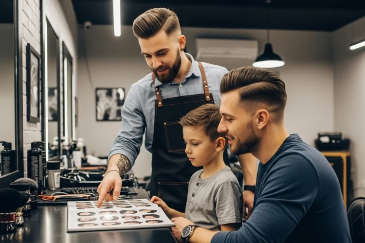 A professional barber consulting with a boy and an adult man, pointing at hairstyle options. Friendly.