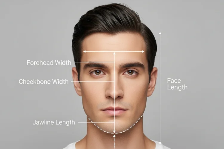 A clear instructional of a male face showing oval face shape measurements.