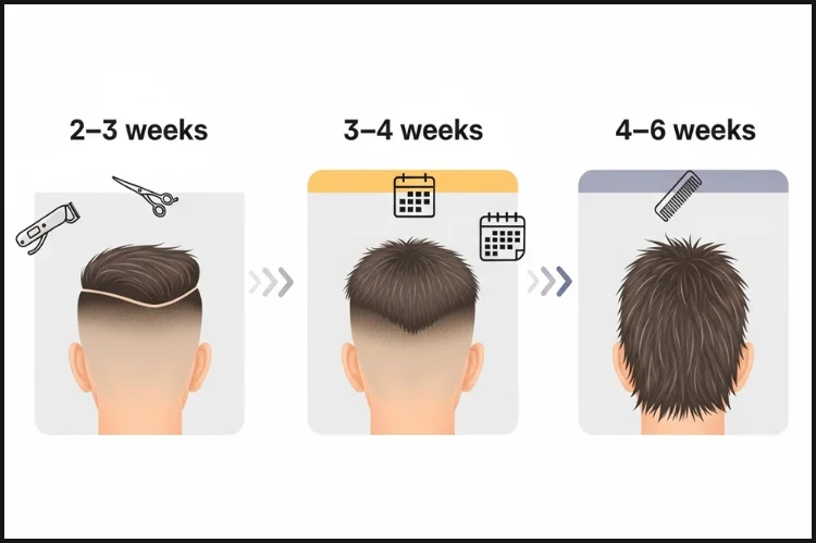 A visual timeline-style image showing haircut maintenance intervals (2–3 weeks, 3–4 weeks, 4–6 weeks).