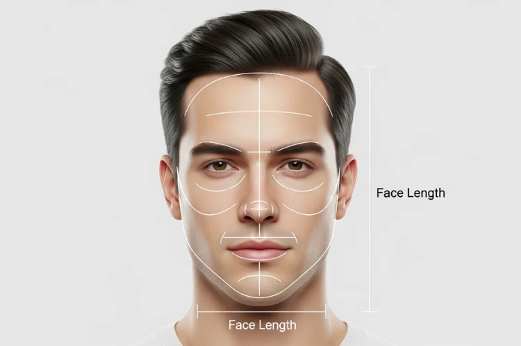 A clean instructional portrait of a male face with subtle measurement lines highlighting.