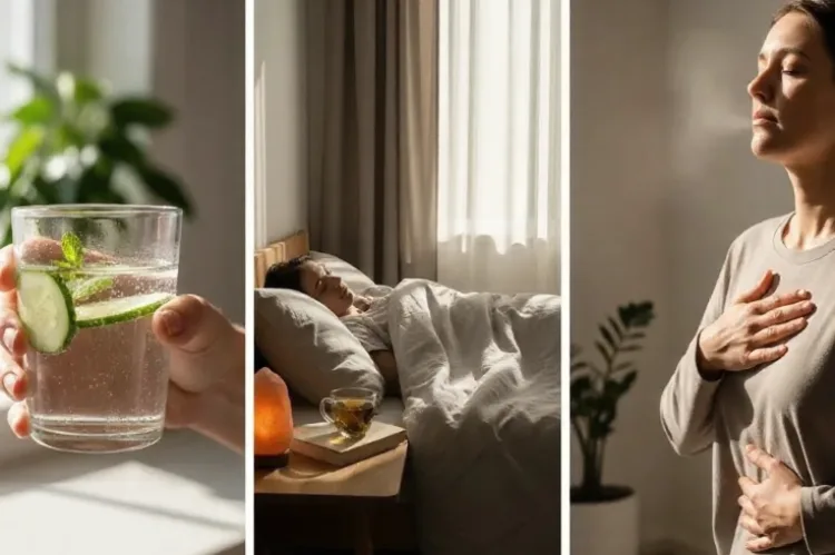 Peaceful lifestyle scene showing hydration, restful sleep, and calm breathing, soft natural light.