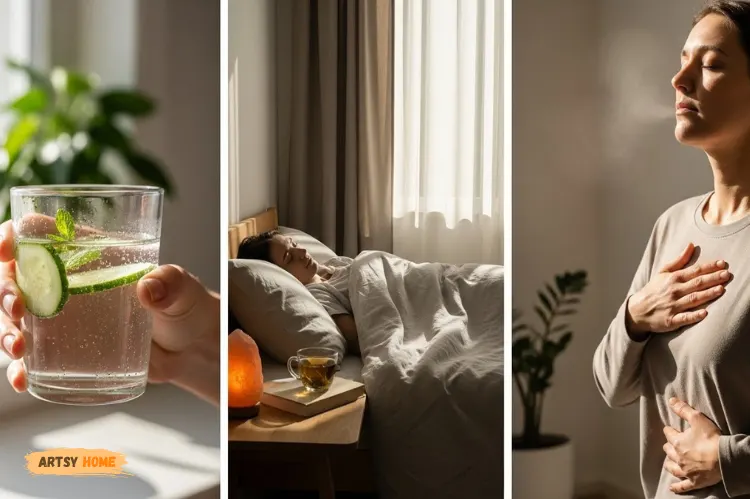 Peaceful lifestyle scene showing hydration, restful sleep, and calm breathing, soft natural light.