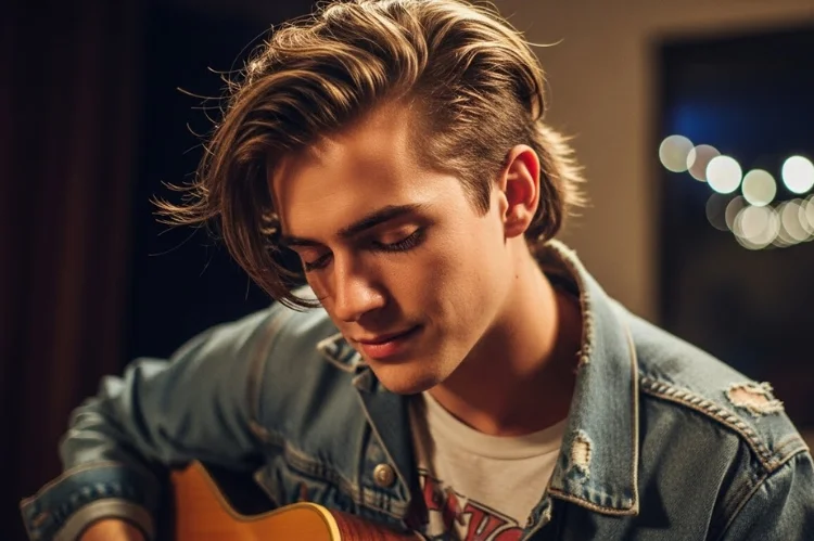 Natural indie flow men hairstyle, intentional messiness, musician aesthetic.