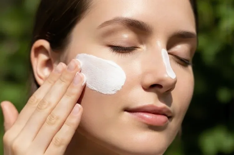 Mineral sunscreen being gently applied to sensitive skin, zinc-based texture visible.