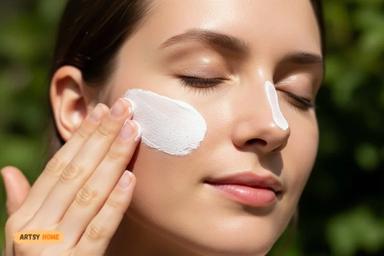 Mineral sunscreen being gently applied to sensitive skin, zinc-based texture visible.