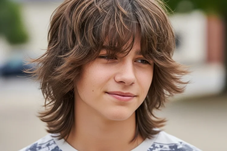 Teen with messy layered shag haircut. Casual, effortless cool hairstyle look.