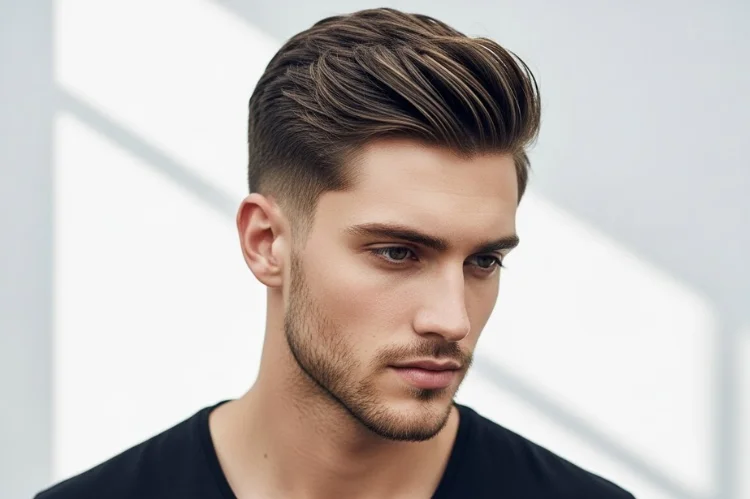 Minimal haircut with lifted front section, effortless modern style.