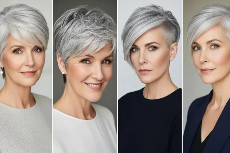 Short grey hairstyles for women over 50, pixie cuts, textured crops, edgy modern styles.