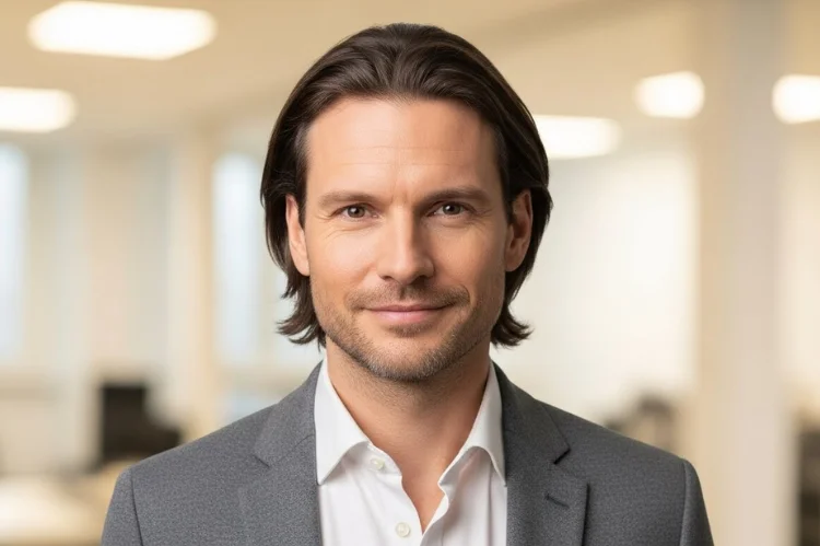 Lifestyle grooming scene of a man with medium-length straight hair styling his haircut at home