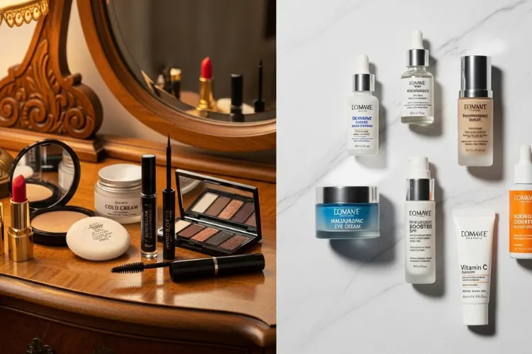 Split visual showing traditional makeup products on one side and advanced performance beauty products on the other.