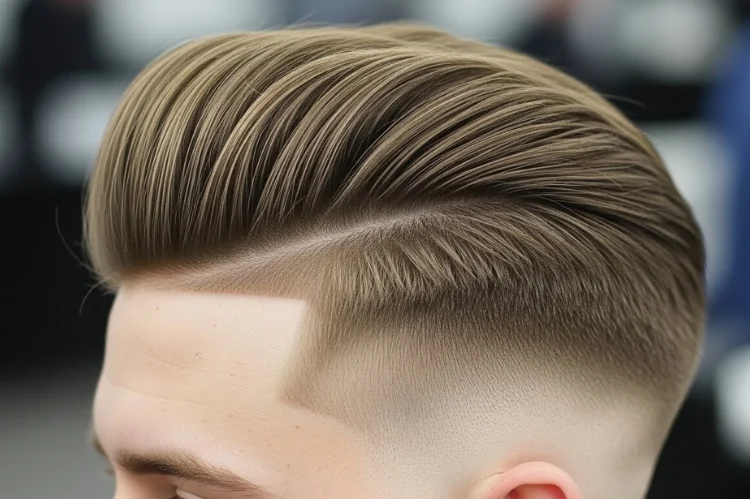 Low fade pompadour on straight hair, balanced volume, professional finish.