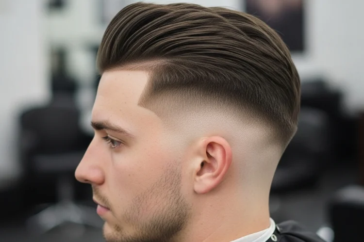 Low fade haircut on a man with an oval face. Fade starting just above the ears, smooth blend into longer top.