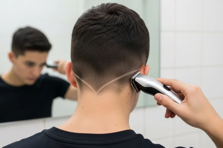 Neckline cleanup using a small hair trimmer, blocked and rounded neckline style, simple home haircut maintenance.
