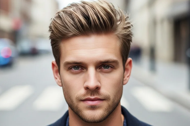 Messy brush-up short hairstyle for men, hair styled upward with natural movement, light texture.