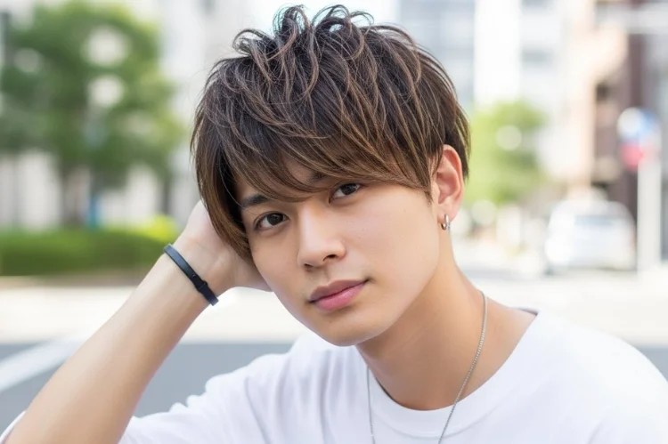 Young man with straight hair messy fringe haircut, relaxed texture, casual modern vibe.