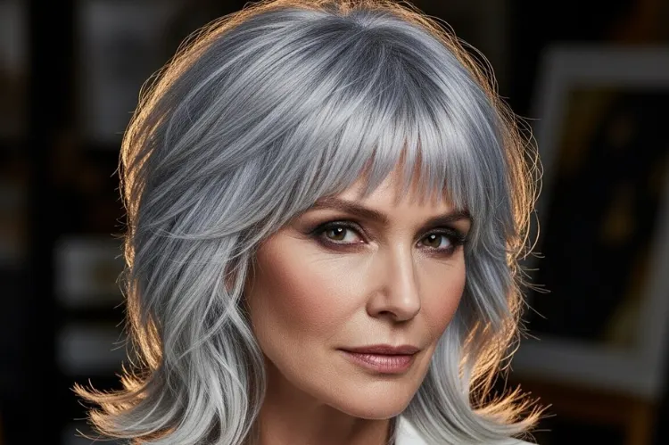 Edgy grey hairstyle with micro bangs and textured layers, fashion-forward mature woman.
