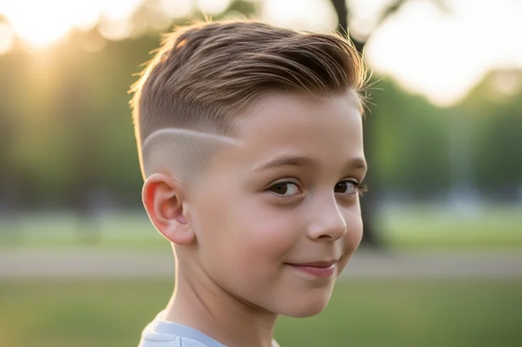 Boy with subtle faux hawk and clean sides. Edgy but age-appropriate haircut, lifestyle photography.