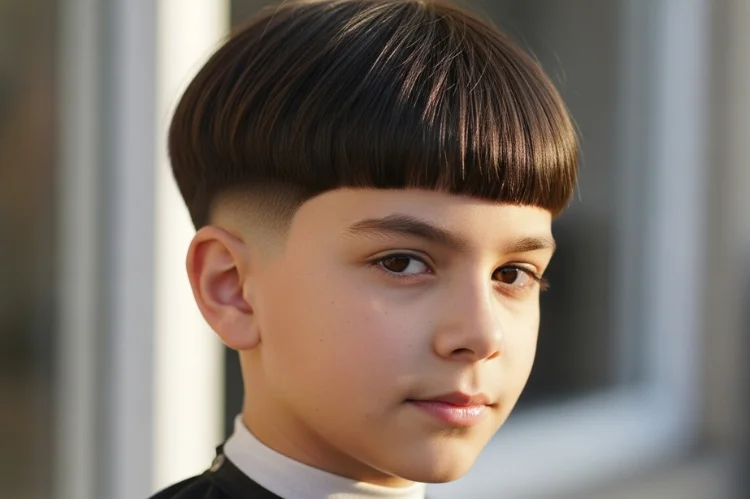 Boy with updated bowl cut, soft tapered sides, thick straight hair. Contemporary take, fashion-forward kids haircut image.