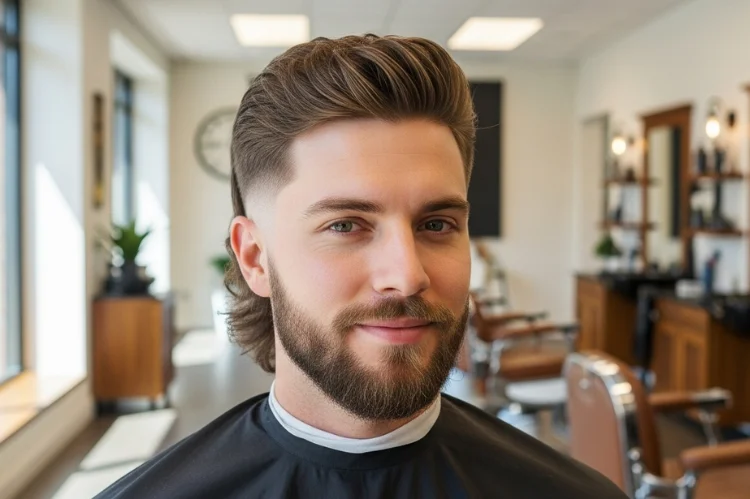 Modern mullet haircut for men, faded sides, slightly longer back, clean professional front.