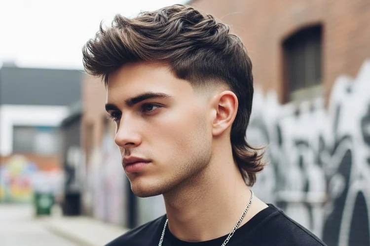 Fashion-forward modern mullet on straight hair, bold revival style.