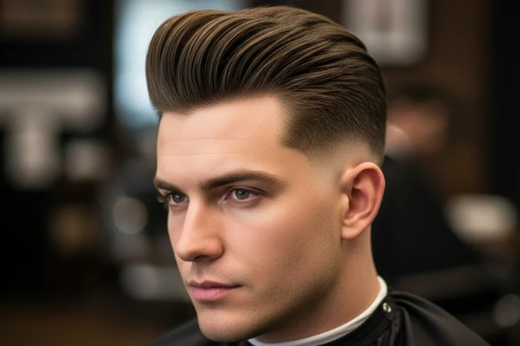 Modern pompadour hairstyle on adult man, natural textured volume at the front sharp realistic details.
