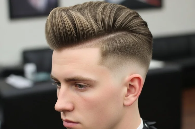 Straight-haired man with a modern pompadour, lifted crown, controlled volume, clean fade.