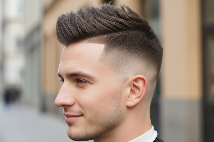 Modern mohawk fade on a man with an oval face. Wider central strip of hair with faded sides.