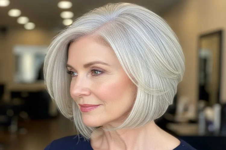 An elegant angled bob haircut on a woman over 60, shorter in the back and longer in front.
