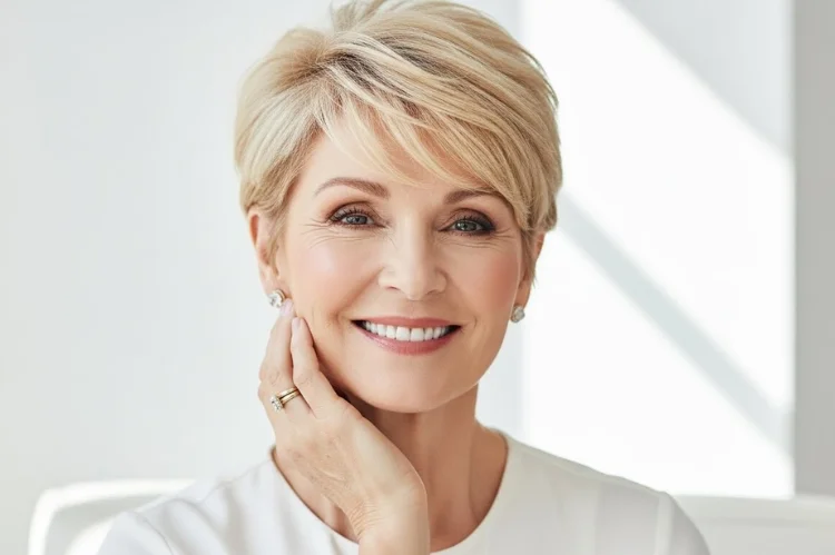 A confident woman in her early 60s with fine, thin hair styled in a voluminous modern pixie haircut, smiling naturally in soft daylight.