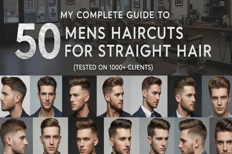 A professional editorial-style photograph of a confident modern man with straight hair, featuring a perfectly styled medium-length textured haircut with volume at the crown.