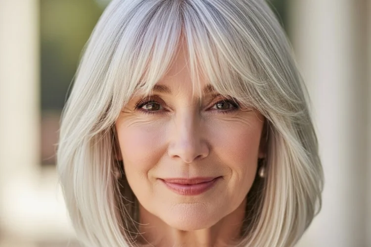 Curtain bangs framing the face on a woman over 60 with fine hair. 