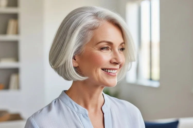 A woman over 60 with fine hair showing lifted roots from dry shampoo. Fresh and full appearance.