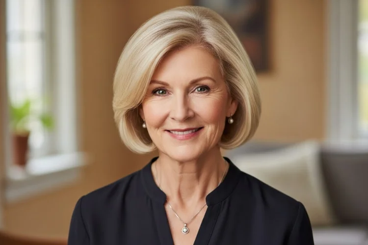 A woman over 60 with fine hair styled in a neat bob that looks polished with minimal effort. Everyday elegance.